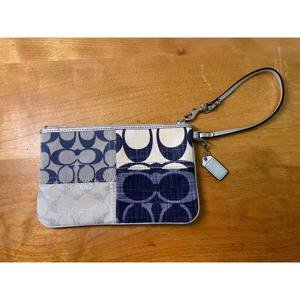 Coach Large Wristlet Blue Patchwork Signature C Denim Silver Trim F47682